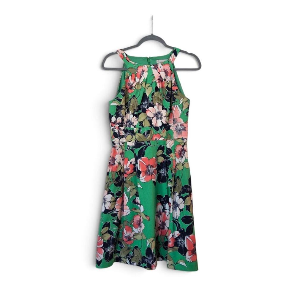 CJ Banks Est 1962 Green Pink Floral Fit & Flare Halter Mini Dress Women's Size 6